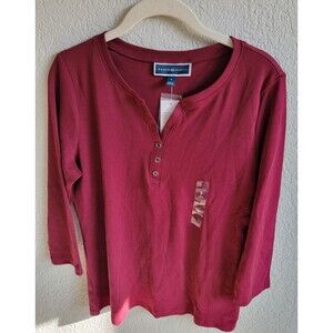 Karen Scott Womens Small Red 3/4 Sleeve Henley Top Cotton Casual Shirt NWT